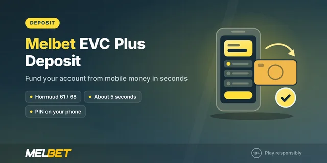 Melbet EVC Plus deposit guide cover: mobile payment screen, banknote and confirmation tick
