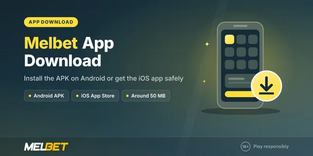 Melbet Somalia app download guide cover: phone with app screen and download icon for the Android APK and iOS