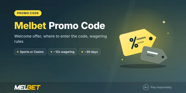 Melbet Somalia promo code guide cover: promotional tags with percentage signs for the welcome offer