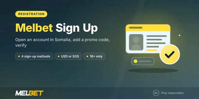 Melbet Somalia registration guide cover: ID card and verification badge for opening a new account